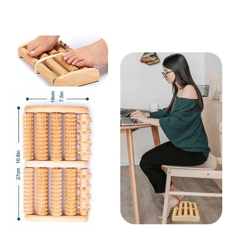Wooden foot massager with dimensions, person using it, and another person using it at a desk.
